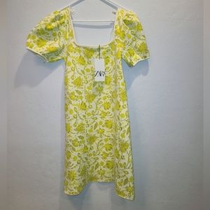 ZARA Floral Print neon yellow dress Size S